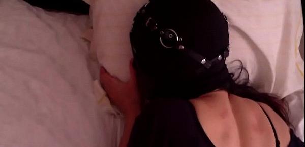  Fucking my hooded hot wife in a leather muzzle, while she wears leggings and a blouse